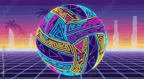 Retro ball art on neon synthwave background with palm trees and sunset for a stylized digital landscape. Retro ball illustration evokes 80s synthwave aesthetic,