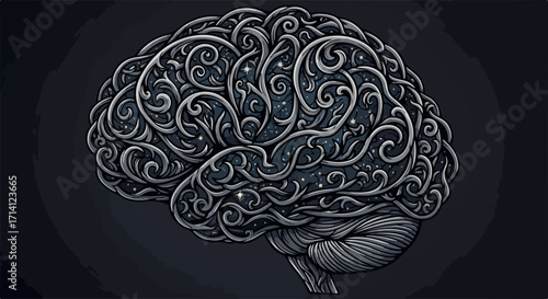 Intricate brain illustration in ornate dark design. This intricate brain conveys complex thoughts and imagination using stylized swirls and patterns.
