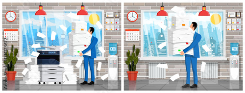 Business man doing office work with document and stack of paper. Bureaucracy paperwork and overwork concept. Task management illustration.