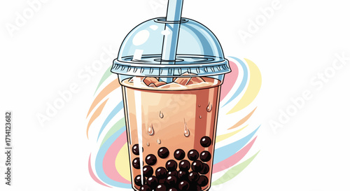Iced bubble tea beverage on white background with colorful pastel curves, iced bubble tea drink with tapioca balls in clear plastic cup.