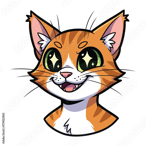 Smiling Tabby Cat Illustration: An adorable orange tabby cat gleams with joy, its sparkling eyes and cheerful grin capturing a moment of pure bliss in a charming illustration.