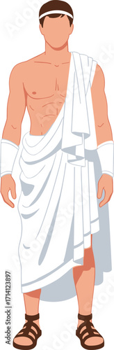 Ancient Greek man illustration, Roman toga costume, historical clothing, mythology character, traditional attire, classical fashion, vector art, cultural dress