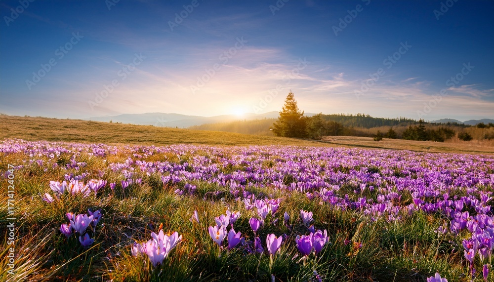 Obraz premium Spring Landscape With Blooming Purple Flowers On Meadow