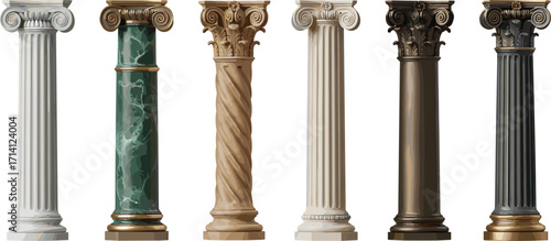Ancient Greek Roman architectural columns illustration, classical stone pillars, Corinthian Ionic styles, historical building design, antique structure, cultural heritage art