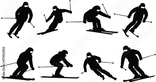 Black silhouette set of skiers in motion, winter sports vector illustration, skiing poses with poles, downhill action, isolated on white background