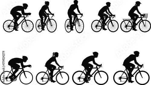 Cyclist silhouette vector, bicycle rider poses, racing and casual styles, sports illustration for fitness, urban commute, campaign, youth club, outdoor activity