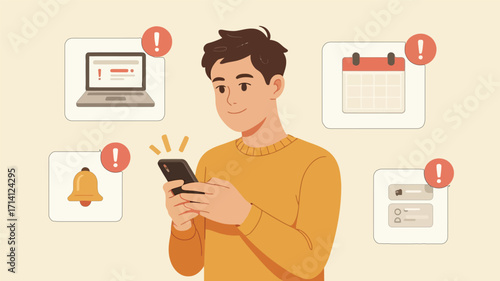 Man holding phone with notification icons around him illustration