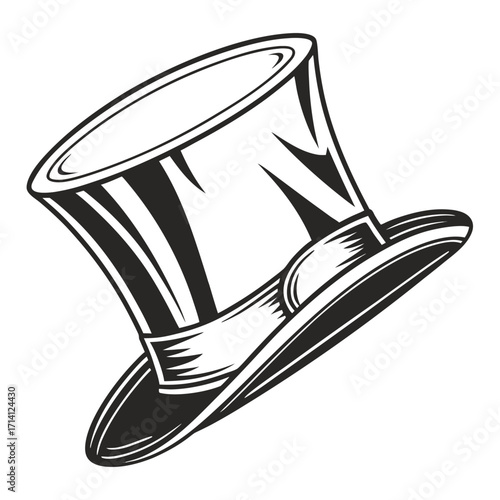 Monochrome drawing of a tilted top hat with a textured band and a clean brim on a white background