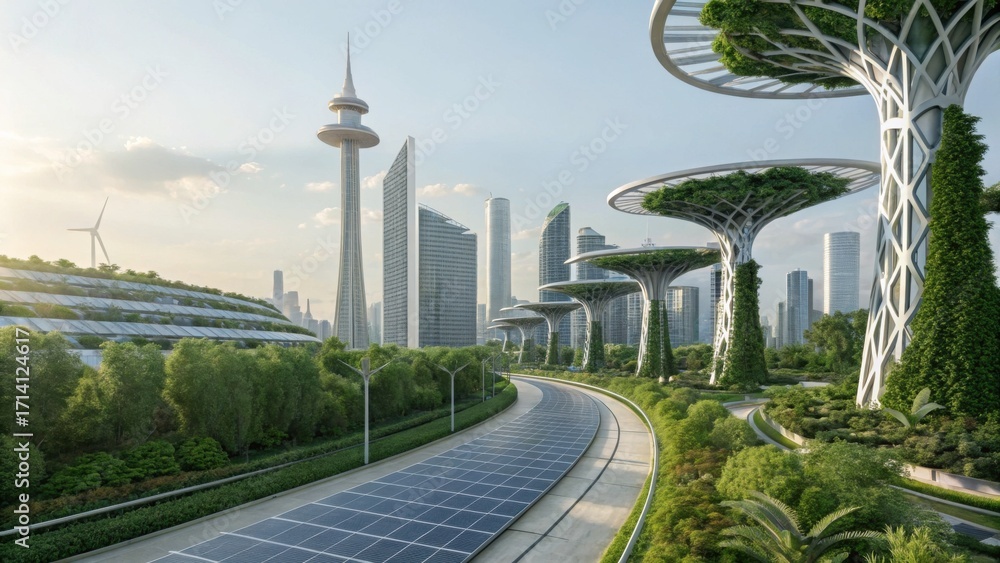 Naklejka premium A futuristic urban landscape featuring modern skyscrapers, greenery integrated into architecture, and solar panels along a clean, wide road.