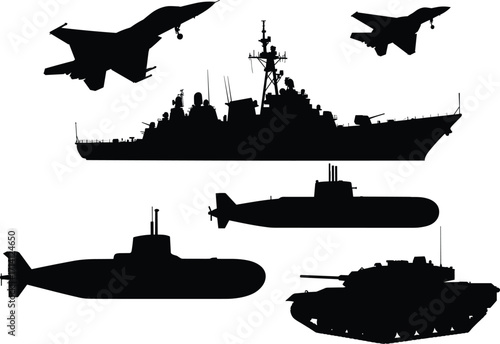 Military jet, warship, submarine, tank silhouette vector set, black icons for defense, navy, army, combat, avia