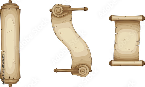 Ancient parchment scroll, vintage rolled paper, medieval manuscript, antique blank scroll, historical paper sheet, old document, decorative illustration, isolated