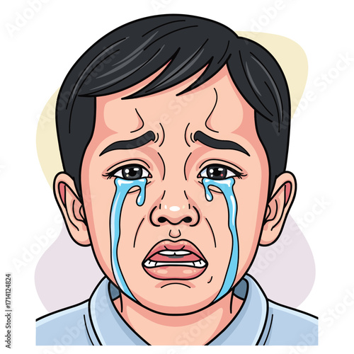 A close-up illustration of a young boy's face, contorted in distress with tears streaming down his cheeks.