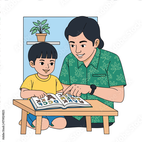 A father patiently teaching his young son to read from a book, highlighting letters and words.