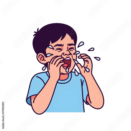 A young boy with dark hair and a blue shirt is crying intensely, with tears streaming down his face and his hands covering his eyes.
