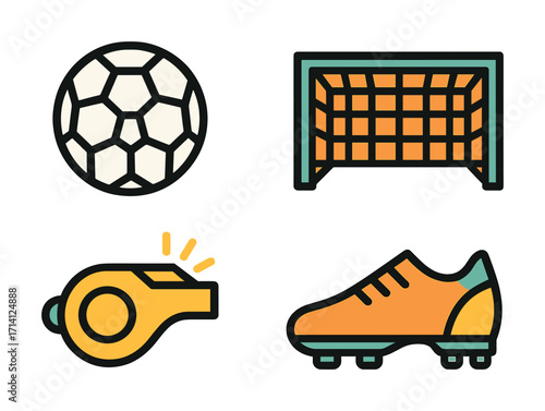 Soccer equipment icons including ball, goal, whistle, and cleats