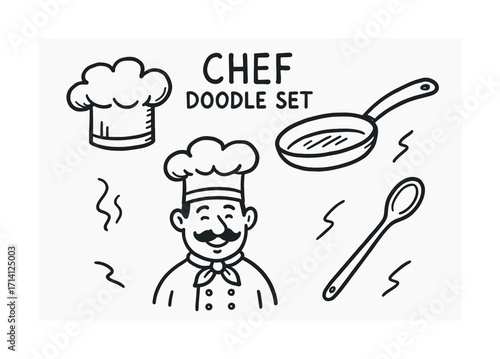 Chef doodle set with utensils and cook character illustration