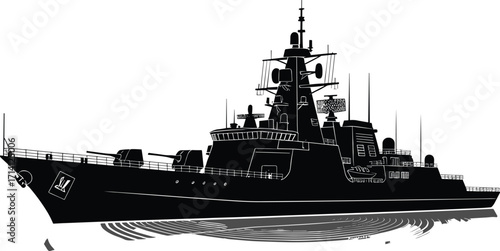 Modern warship silhouette vector, naval destroyer illustration, military vessel clipart, black and white defense ship, radar, missile, turret, ocean reflection