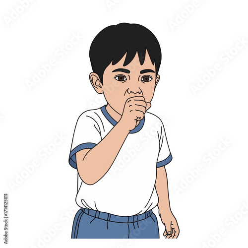 A young boy in athletic wear coughs into his fist, covering his mouth and nose.