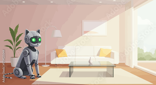 Futuristic robot cat companion relaxing peacefully in a bright modern home interior