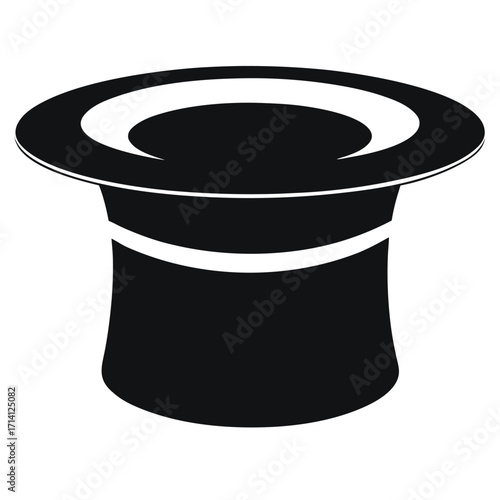 Simple black silhouette of a classic top hat with a white band and brim detail on a white background