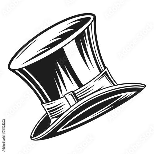 Stylized black and white drawing of a top hat with a ribbon band and bow on a white background