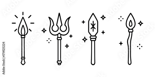 Line art magic wands and staffs with enchanting symbols and sparkles