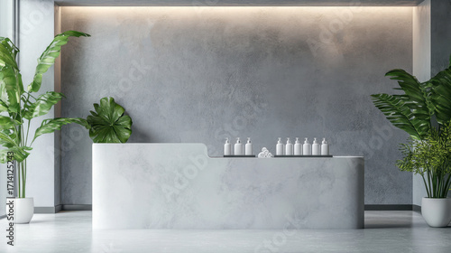 Spa reception counter mockup entrance health wellness relaxation welcoming interior lobby lounge greeting elegance design luxury minimalist modern natural light front view decoration