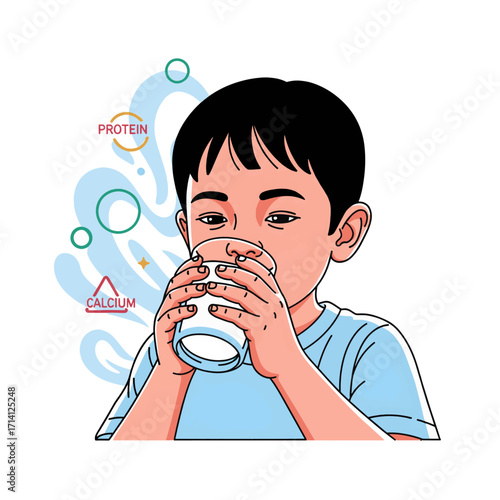 A young boy drinks a glass of milk, with icons representing protein and calcium floating nearby.