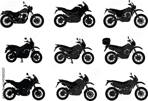 Motorcycle silhouette vector set, black icons of cruiser, sport, adventure bikes, motorbike illustration for transport, vehicle, travel, racing, biker, design