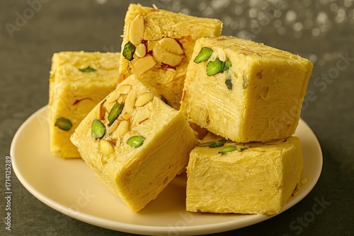 Soan Papdi on Plate – Flaky Indian Sweet Garnished with Almonds and Pistachios on Neutral Gray Background