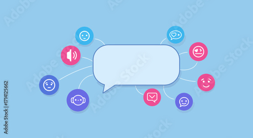 Digital Communication Concept with Speech Bubble and Expressive Emoji Icons for Online Social Interaction