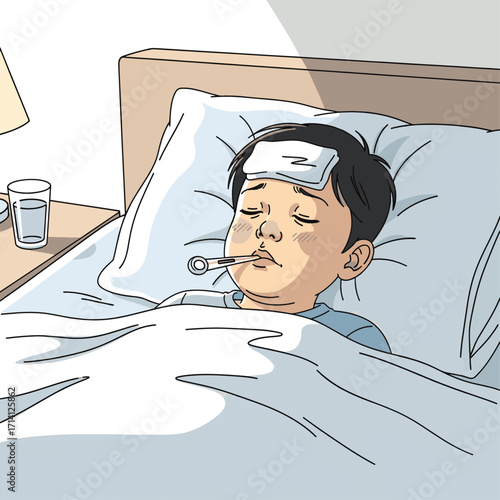 A young boy lies in bed with a thermometer in his mouth and a cool compress on his forehead, indicating he is unwell.