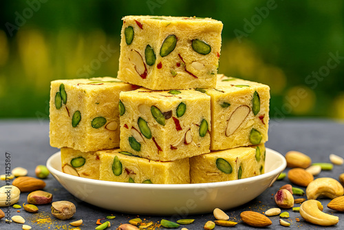 Soan Papdi in White Bowl – Flaky Indian Sweet with Almonds, Pistachios, and Mixed Nuts on Outdoor Green-Yellow Background