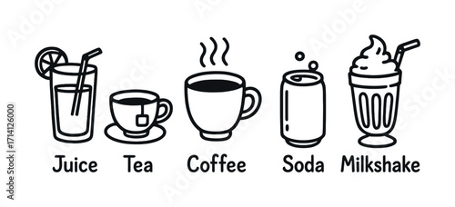 Variety of beverage icons including juice tea coffee soda and milkshake