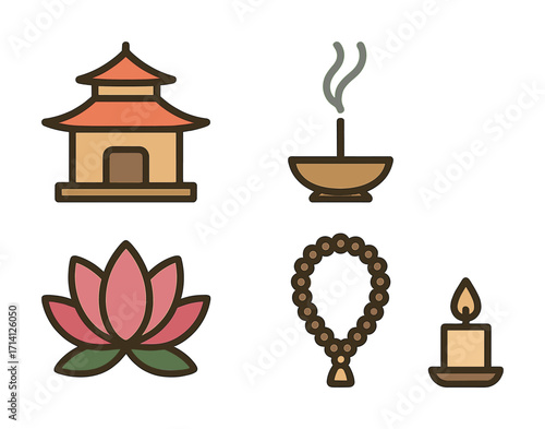 Buddhist icons: pagoda, incense, lotus, mala beads, candle