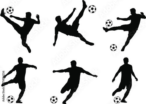 Soccer player silhouette vector, football action poses, dynamic athlete kicking ball, sports illustration for tournament, training, youth club, team branding, campaign