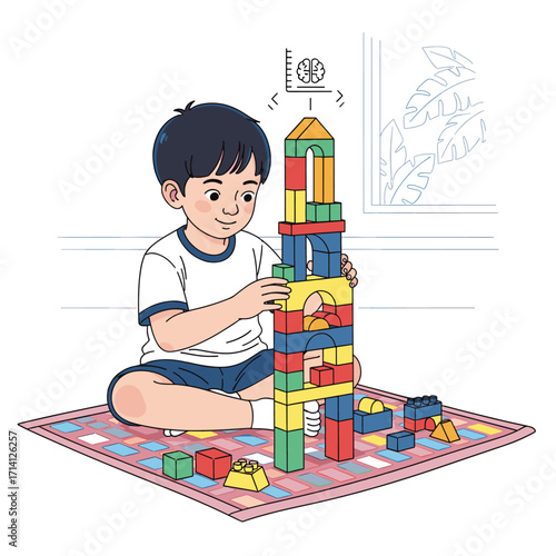 A young boy is sitting on the floor and building a tall tower with colorful toy blocks.