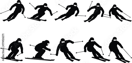 Skiing silhouette poses, winter sports motion, skier vector illustration, dynamic ski techniques, black and white artwork, helmet safety gear, snow activity design