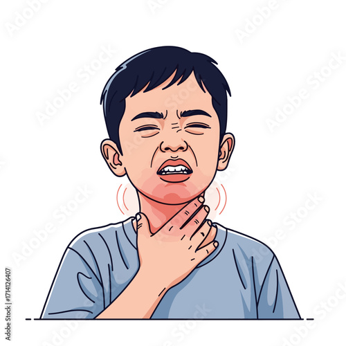 A young boy grimaces in pain, clutching his sore throat with his hand.