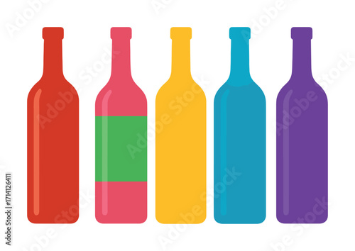 Colorful wine bottles in a minimalist design on white background