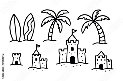 Doodle of surfboards, palm trees, and sandcastles on a beach