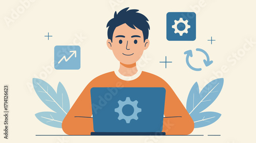 Illustration of man using laptop with icons around him vector