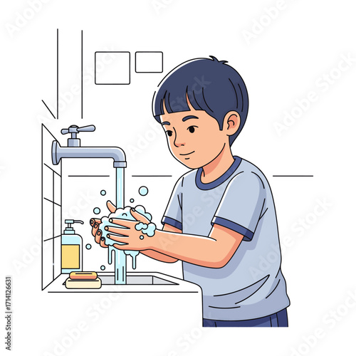 A young boy with dark hair washes his hands with soap and water at a sink, with a soap dispenser and bar of soap nearby.