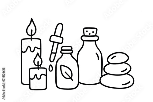 Spa essentials: aromatic candles, oils, and natural stones for relaxation