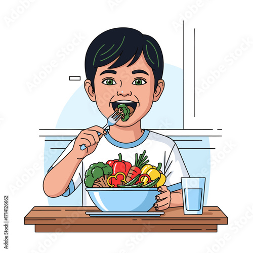A young boy happily eating a healthy bowl of fresh vegetables with a fork, sitting at a wooden table with a glass of water.