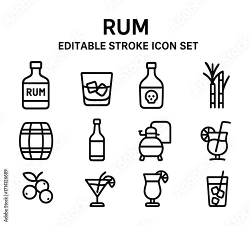 Rum icon set: bottle, glass, barrel, distillery, fruits, cocktails, editable stroke