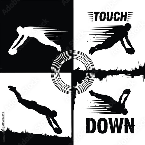 Four dynamic silhouettes of an American football player diving for a touchdown, presented in a black and white graphic style with text.