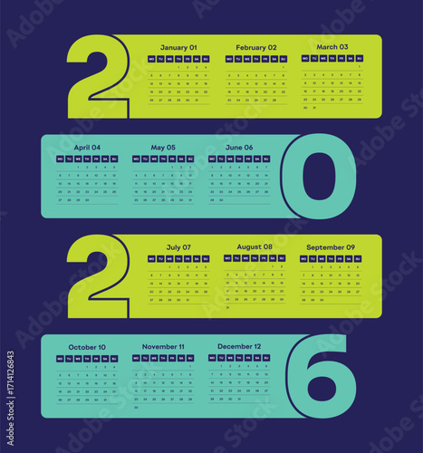 2026 New Year Annual Calendar Design Template Week Starts on Sunday