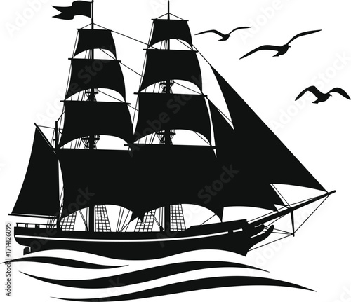 Vintage sailing ship silhouette, maritime adventure vector, nautical clipart, black and white illustration, ocean waves, birds flying, historic vessel, sea travel
