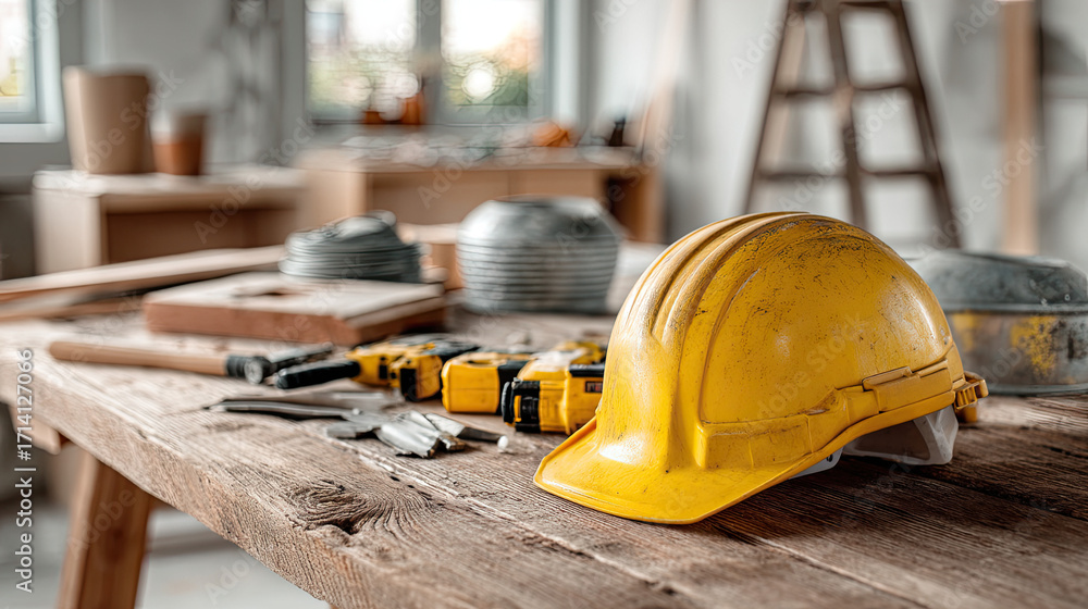 Fototapeta premium Construction worker's yellow hard hat and tools on a rustic wooden table.